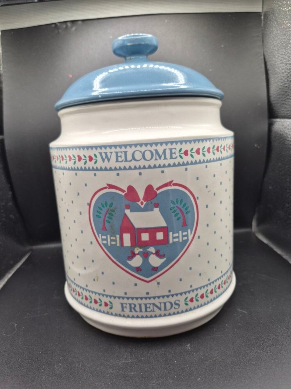 Welcome Friends Ceramic Canister Jar Blue Lid Heart 1990s Vintage Kitchen Decor